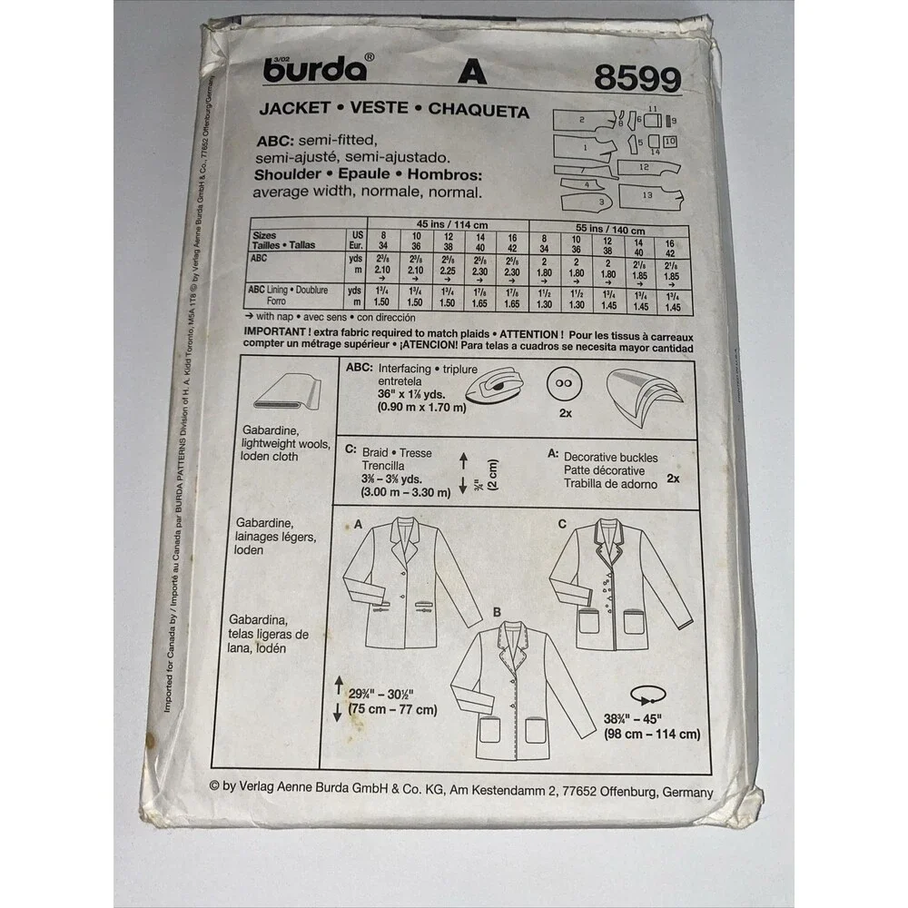 UNCUT FF Burda 8599 MISSES' SIZE 8 10 12 14 16 JACKETS Semi Fitted